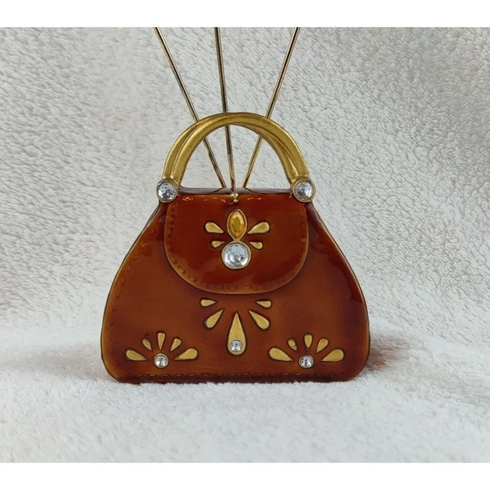 Enameled Miniature Purse Photo Card Holder Paperweight Decorative Brown Copper